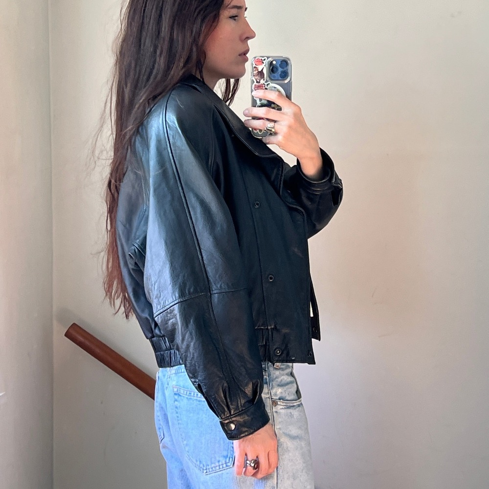 Vintage 80s Leather Jacket Black Cropped Statement Bomber Moto‎ Biker 90s - Picture 6 of 10
